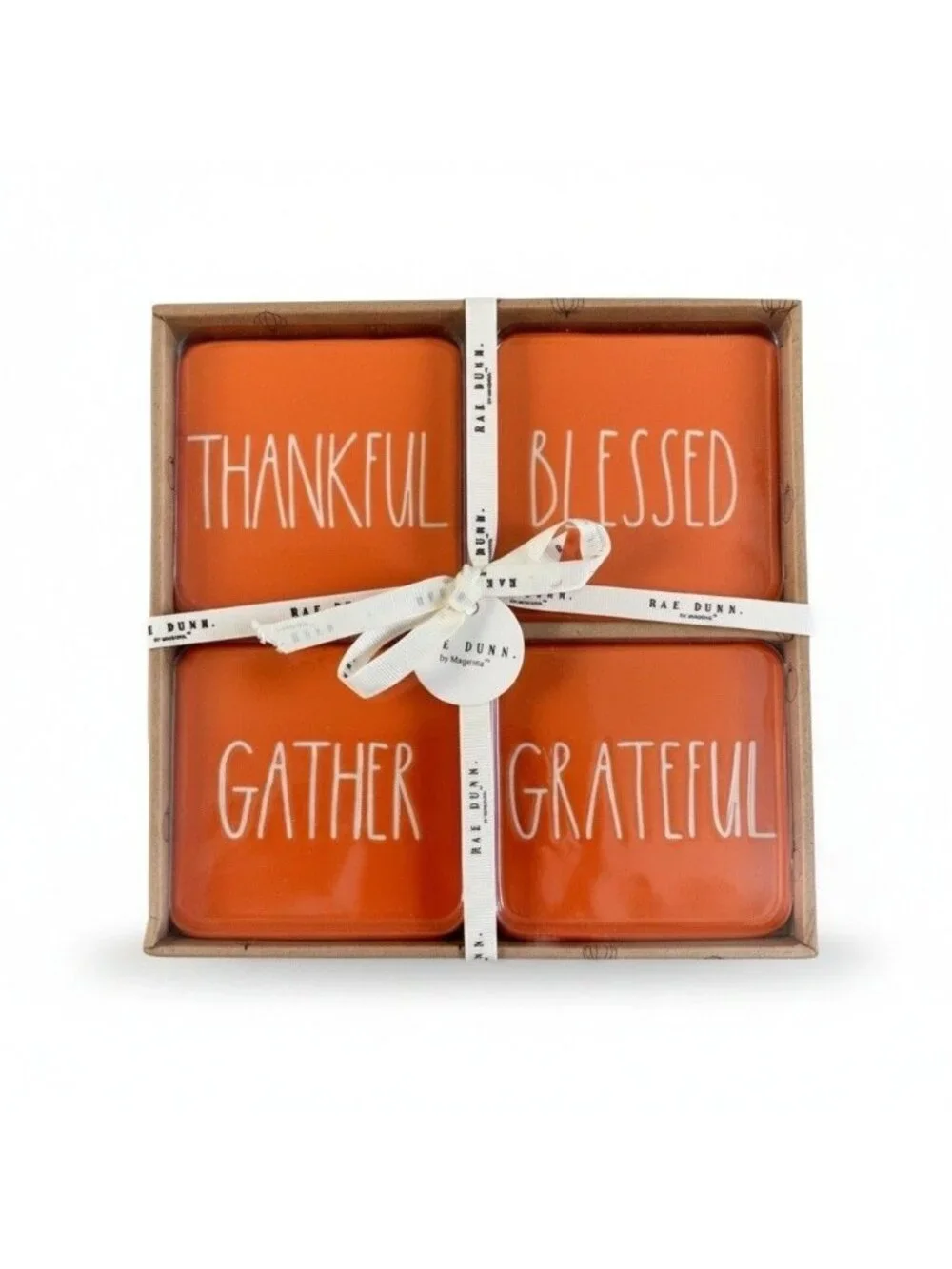 Rae Dunn Orange Ceramic Coasters Set of 4 Grateful Gather Thankful Blessed New
